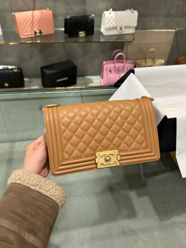 Chanel Boy Medium Like Auth Women-s Handbag Brown Gold Lock 25cm