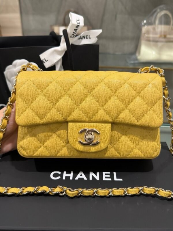 Chanel Classic Women-s Handbag Yellow Calfskin Like Auth 20cm
